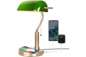 FIRVRE Bankers Office Desk Lamp, Vintage Green Glass Table Lamp with Brass Base, Classic Retro Light with Wireless Charging&USB Port