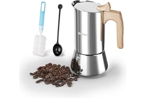 UPOHYEE Espressokocher Induktion Herde Geeignet Holzgrabstraße 6 Tassen 300ml Espressomaschine aus 304+430 Edelstahl, Mokkakanne für Espresso Kaffee Mit Dosierlöffel und Schwammbürste,(KPS9)
