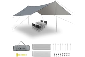 WADEO Bâche Anti-Pluie Plus Size, 3.6x4.8m Camping Bâche Rain Tarp, Toile de Camping avec Poteaux, Toile de Tente Imperméable et Légère, pour lRandonnée, Extérieures, Pique-Nique (Gris)