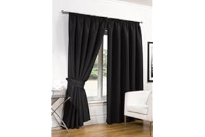RAYYAN LINEN Thermal Pencil Pleat Blackout Tape Top Pair of Curtains With Free Tiebacks (66" X 90", Black)