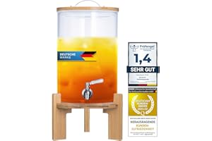 Distributeur de boissons avec robinet anti-goutte en acier inoxydable Distributeur d'eau en verre avec support en bambou et couvercle en verre borosilicaté résistant à la chaleur (8 litres)