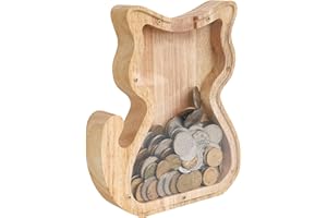 DECHOGA Wooden Animal Piggy Bank, Personalized Piggy Bank, Creative Transparent Piggy Bank, Desktop Ornaments Children's Piggy Bank, Suitable for Birthday Gifts, Bedroom and Living Room Decoration (cat)
