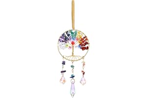 CrystalTears Chakra Crystal Flower Tree Life Hanging Ornament, Handmade Healing Crystal Gemstone Glass Suncatcher for Home Garden Window Wall Decoration Gifts for Women Men Friends Christmas