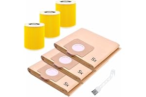 Cleverry 15x Bolsas de Aspiradora Compatibles con Kärcher WD3, Incl. 3X Filtros De Cartucho + 1 Cepillos de Limpieza, Compatibles con Series WD3P MVI MV3P A2201 A2204 A2504 A2554 A2251 A2604