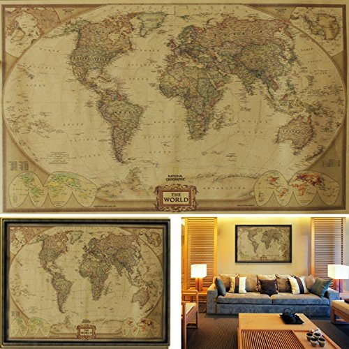 Souarts Peinture Carte Géographie Mondiale Papier Peint Kraft Décoratif 72.3cmx48cm 1Pc