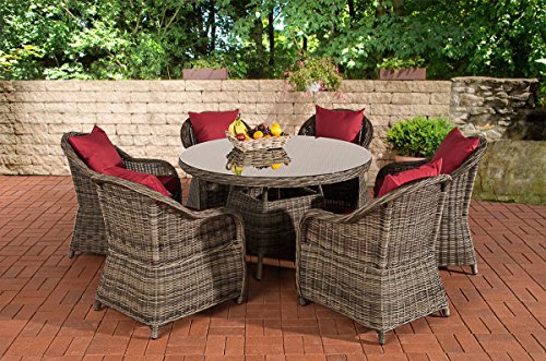 CLP Poly-Rattan Sitzgruppe STAVANGER, Esstisch rund  130 cm, 6 Gartensessel Bezugfarbe rubinrot, Rattan Farbe grau meliert CLP Poly-Rattan Sitzgruppe STAVANGER, Esstisch rund  130 cm, 6 Gartensessel Bezugfarbe rubinrot, Rattan Farbe grau meliert