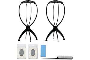TAFACE 2 soportes para pelucas, 2 redecillas, 1 peine de cola puntiagudo, 1 película para peluca, soporte de plástico portátil plegable y extraíble (negro), adecuado para el uso diario