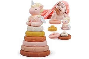 WEILIM Giocattoli Impilabili e Nidificanti per Bambini 7 pezzi Giocattoli Montessori Bambini Giocattoli da Spremere Impilatore e Dentizione Anelli da Costruzione Morbidi con Unicorno Rosa per 6 12 18 Mesi