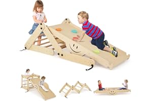 COSTWAY 5 in 1 Set da Arrampicata per Bambini, Giochi da Arrampicata Pieghevoli in Legno con Rampe Regolabili e Reversibili, Scala da Arrampicata per Bambini 3+ Anni (Naturale)
