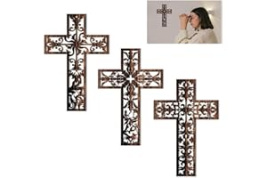 TTPSRY Crucifix Wall Cross Plaque Wall Hanging Catholic Ornament Creative Hollow 3 Piece Wooden Prayer Corner Decor for Home Church Living Room & Bedroom（Brown B）