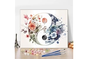 TISHIRON Zestaw do malowania po numerach dla dorosłych, abstrakcyjne kwiaty, symbol Yin Yang, dla początkujących, akwarelowy, olejny obraz, dekoracja ścienna do domu, 41 x 51 cm