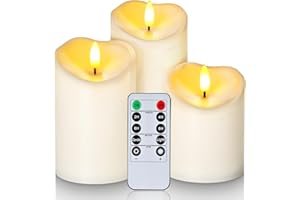 ‎HOMEMORY Homemory Wasserdicht Flackernden Flammenlose Kerzen, Outdoor-Batterie Betriebene LED-Säule Kerzen mit Fernbedienung Timer, Elektrische Gefälschte Kunststoff-Kerzen, Elfenbein, 3er-Set