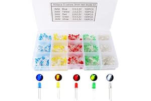 CESFONJER 500 PCS Led Leuchtdioden 3 mm, Rund Farbe Dioden 3 mm 2-poligen, (5 Farben x 100pcs), Farbe Sortiert Weiß/Rot/Gelb/Grün/Blau Kit Box Set