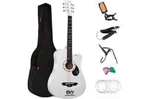 Crystals Acoustic Guitar Full Package Pack with Accessories - 4/4 Size 38" Classic 6 Strings (White)