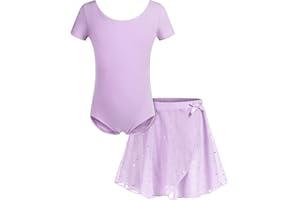 Bricnat Robe de Ballet pour Filles Justaucorps de Ballet pour Enfants Manches Courtes/Longues Robe de Danse Corporelle en Coton avec Jupe Tutu en Mousseline De Soie 2-10 Ans