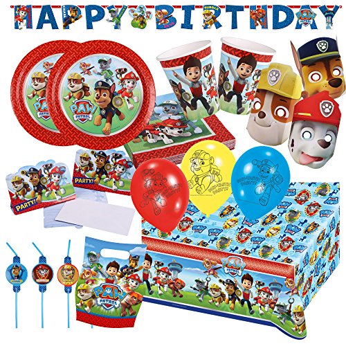 76-teiliges Party-Set Paw Patrol - Teller Becher Servietten Tischdecke Tüten Einladungen Girlande Trinkhalme Luftballons Masken