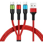 URUCHI 3 in 1 Hızlı Şarj Kablosu, &Ouml;rg&uuml;l&uuml; 1.2m Kırmızı, Lightning, Type-C, Micro USB, 3A G&uuml;&ccedil;l&uuml; Dayanıklı Kablo, iOS ve Android