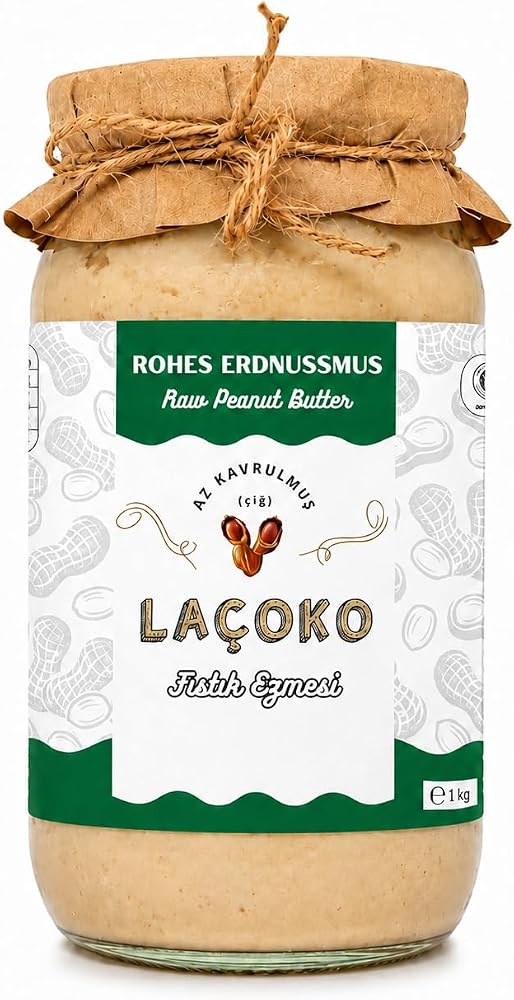 LAÇOKO 1 KG Şekersiz, Katkısız, Glutensiz, Vegan, Doğal Az Kavrulmuş (ÇİĞ) Yer Fıstığı Ezmesi (1 KG)