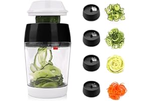 MENNYO Spiralschneider Gemüse mit Behälter, 4 in 1 Gemüseschneider Spaghetti Gemüsehobel,Spirallschneider Spiralenschneider für Gemüsespaghetti, Zucchini, Karotten,Kartoffeln, Möhren（Schwarz）