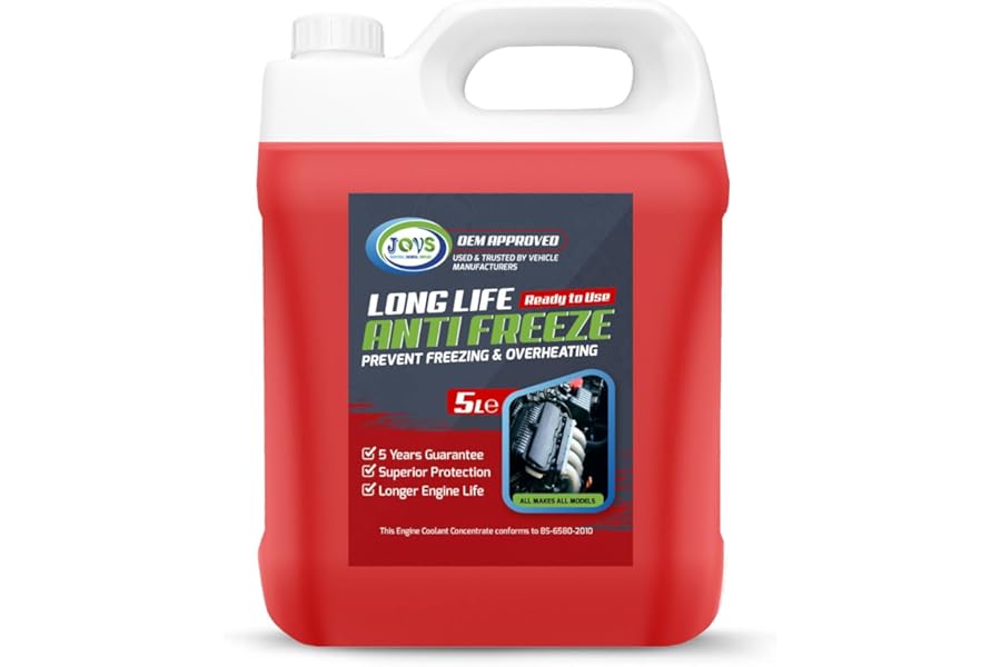 JOVS Antifreeze Engine Coolant Red 5L – All-Year Protection for Your Vehicle from Freezing & Overheating - Suitable for All Cars Frost Prevention Trusted Formula for Peak Engine Performance.