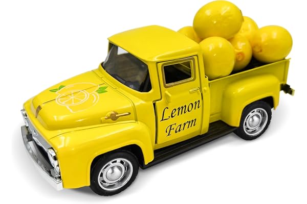 Citron-lastbilsinredning, citrondekoration för sommarfest, bondgård metall lastbil med 6 små konstgjorda citroner för hem, citronskål dekoration för bord, centerdelar, kök, skyltfönster, terrass