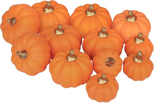 Miaikoe Konstgjorda pumpor, 12 st, olika storlekar, bulk, apelsin, naturtrogen pumpor, set för höst, halloween, fest, Thanksgiving, semester, dekor, display
