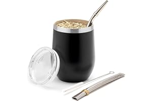 Balibetov Set Mate Argentino - Kit de Vaso para Yerba con Pared Doble de Acero Inoxidable 18/8 - Incluye Dos Bombillas y Cepillo de Limpieza (355 ml, Negro)