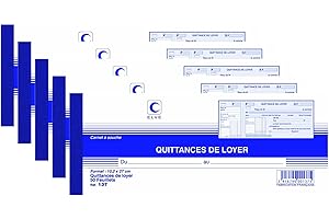 ELVE Lot de 5 Carnets à souche QUITTANCES DE LOYER 105 x 270 mm 50 Feuillets