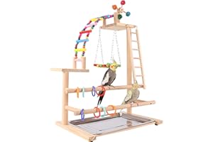RoseFlower Wooden bird Playground Parrot Playstand with Perches, Swing, Ladder, Feeder Cups, Tray for Conures, Parakeets, Budgies, Cockatiels, Lovebirds