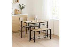 URBNLIVING 4-Piece Dining Set with Table, 2 Chairs & Bench Modern Kitchen Furniture with Sturdy Metal Frame and Wood-Look Finish Compact Design for Small Dining Rooms or Apartments