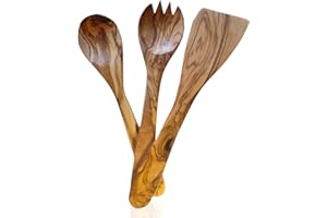 MOHA 24 Cuchara de madera de olivo, cuchara de cocina, cuchara de arroz, espátula, tenedor, ensalada, tenedor, cuchara para ensalada, utensilios de cocina, juego de cubiertos, longitud: 30 cm