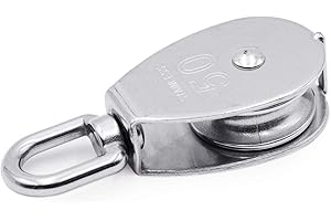 Famgee 50 MM Silver Single Pulley Block 304 Stainless Steel M50 Wire Rope Single Sheave Pulley Roller Swivel Rigging Lifting Wheel Loading 400kg