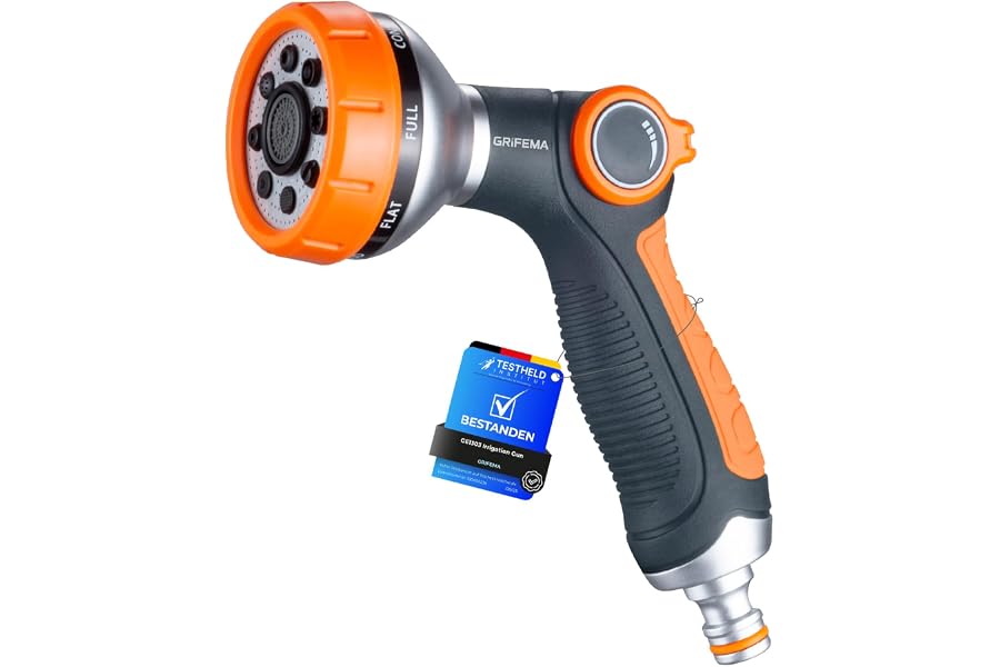GRIFEMA, GE1303 Pistola de Riego, Pistola de Agua para Jardín, 8 Modos Ajustables, Pistola de Manguera con Interruptor de Pul