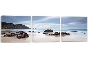 FEEBY FRAMES Feeby Cuadro En Lienzo Agua Mar Paisaje 3 piezas 150x50 cm Modernos Impresión Artística Calidad Fotografica Imagen Decoración de Pared Salon Dormitorio Cocina Oficina Pasillo Rocas Vista Azul Negro