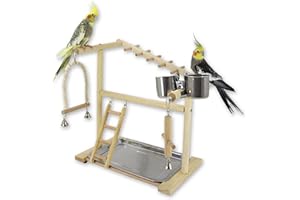 WishesMar Wellensittich Spielplatz Vogel-Spielplatz mit Feeder-Cup Spielzeug Leiter Erklimmen Schaukel und Tablett für Nymphensittich Papageien Wellensittiche, Holz, Größe 39.5x36.7x23 cm