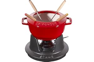 STAUB Fondue Set mit 4 Gabeln, Gusseisen, 16 cm, 1,1 l, Geeignet für Käse- Schoko- und Fleisch-Fondue, Kirschrot