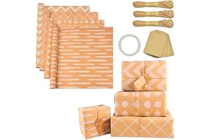 DTYGUIXE Papel para Envolver Regalos Rollo de Papel de Regalo de 43 x 300 cm con Etiquetas Cordones y Cintas Adhesivas Papel de Regalo Kraft Marrón para Navidad Cumpleaños Fiestas, 4 Estilos