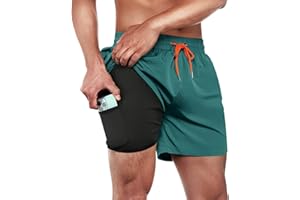 ineepor Men's Swimming Trunks with Compression, Inner Shorts, Board Shorts, 2-in-1 Zip Pocket, Short Swimming Trunks