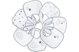 Trois Kilos Sept - Lot de 7 Bavoirs Bébé - Éponge Double Épaisseur - Imprimés Rigolos - Ouverture Velcro - Cadeau Naissance Nouveau Né - Mixte Garçon et Fille - Gris/Blanc