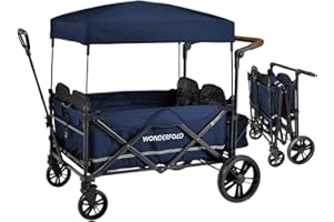 WONDERFOLD X4 Push & Pull Quad Stroller Wagon (4 Seater) Featuring Seats with 5-Point Harnesses, Adjustable Push Handle, and Adjustable/Removable UV-Protection Canopy, Sapphire Navy