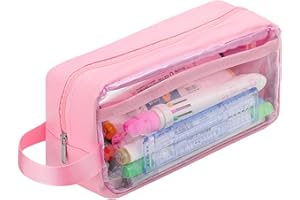 HCFGS Clear Pencil Case - Transparent Waterproof PVC Storage Pouch Bag for Stationery, Cosmetic, Travel & Office Supplies (Pink)