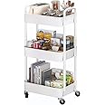 Sywhitta Rolling Utility Cart with Handle, Multi-Functional Storage Trolley for Office, Living Room, Kitchen, 3-Tier Movable Storage Organizer with Wheels, White