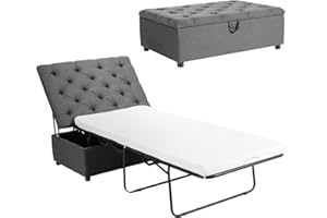 COSTWAY Folding Sofa Bed with Mattress, 2-in-1 Convertible Sofa Ottoman, Space-Saving Button Tufted Couch Sleeper Lounger Footstool for Living Room, Bedroom and Office (Grey)