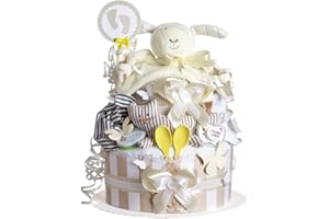 WINDELTORTEZURGEBURT.DE MomsStory - Windeltorte neutral | DIY Windelgeschenk Schaf | Baby-Geschenk zur Geburt Taufe Babyparty | Babytorte 2 Stöckig (Beige) XL Geburtsgeschenk mit Kuscheltier Schnuffeltuch Windeln & mehr