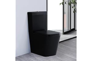 ROBANMOA Modern Matt Black Close Coupled Toilet Rimless Back to Wall Bathrooms Toilet WC Ceramic Pan & Dual Flush Cistern Soft Close Seat Square Flush to Wall Comfort Height Toilets