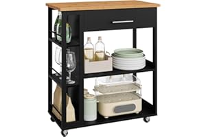 WOLTU Carrello con Ruote, Isola da Cucina, Carrello Portaoggetti con Piano di Lavoro Cassetto Ripiani Aperti, Contenitore per Sala da Pranzo/Bagno/Cucina, 73x38x88 cm, Effetto Bambù + Nero, RW051sz