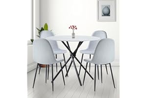 Hallowood Furniture Cullompton Small Table and Chairs Set 4, Round Dining Table and Grey Fabric Chairs, Marble Effect Top Table and Chairs with Black Metal Legs, Dining Room Sets