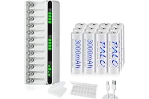 Mspalocell Pack de 12 Pilas AA 3000 mAh con Cargador, USB Type-C 5v2A Pantalla LCD Cargador rápido con 12 Ranuras para Pilas Recargables NiMH 1,2 V AA AAA
