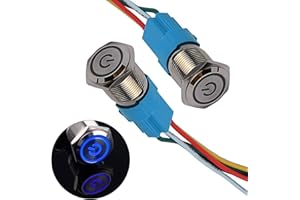 JIQI 2× 16mm Momentane Metall Druckschalter 12V bis 24V 3A Momentary LED Tastenschalter IP66 1NO1NC wasserdicht vorverdraht EIN/AUS Taste Schalter für Fahrzeugmodifikation Wohnmobil(Blau/Power Symbol)