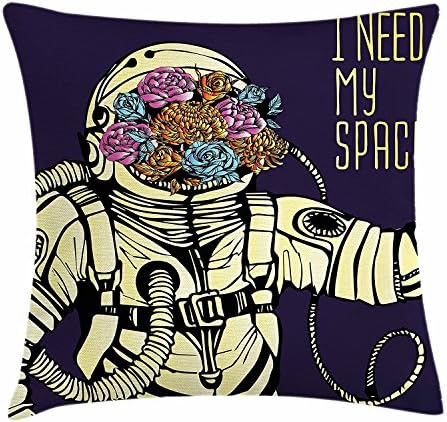 Outer Space Decor Throw Pillow Cushion Cover, Floral Cosmonaut Man in Spacesuit Solar System Alien Comet Cartoon Image, Decorative Square Accent Pillow Case, 18 X 18 Inches, Yellow Blue